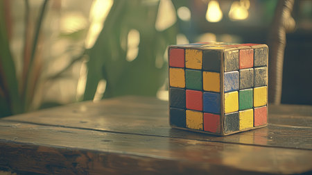 A vintage Rubik's Cube rests on a rustic wooden table, illuminated by soft lighting. This scene evokes nostalgia and creativity, perfect for any puzzle enthusiast.の素材