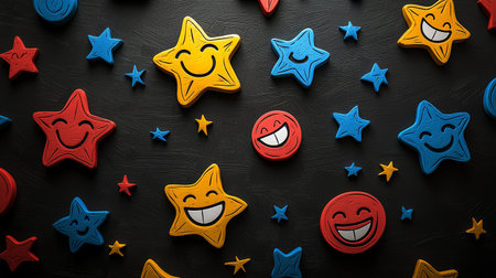 A vibrant collection of colorful smiling stars and faces arranged creatively on a dark textured background, evoking feelings of joy and playfulness.の素材
