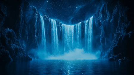 A breathtaking nighttime fantasy scene where glowing waterfalls flow from the sky into a peaceful valley, with copy space.の素材