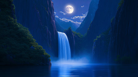 A calming dreamscape where a majestic waterfall sparkles in moonlight, flowing into a reflective lake, with room for text.の素材