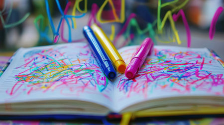 A vibrant scene featuring colorful markers rested on an open notebook. Scribbles and doodles fill the pages, showcasing creativity and artistic expression.の素材