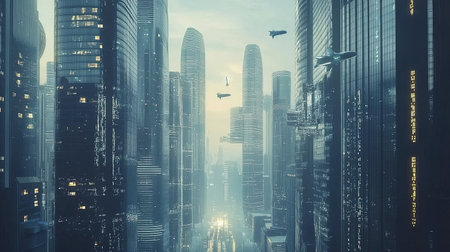 A breathtaking view of a high-tech futuristic city with floating architecture and flying vehicles, with copy space.の素材