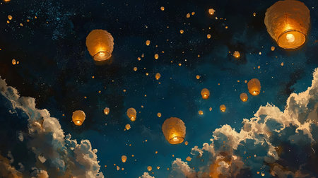 A celestial dreamland where the night sky is filled with floating lanterns, with space for branding.の素材
