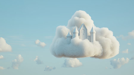 A dreamy cloud kingdom where castles rest on floating puffs of mist, with space for text.の素材