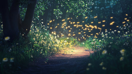 A glowing enchanted forest where fireflies form words in the air, with room for text.の素材