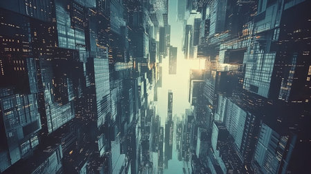 A futuristic metropolis where suspended skyscrapers rotate slowly in midair, with copy space.の素材