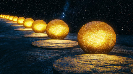 A magical pathway in the sky made of glowing stepping stones, leading into infinity, with space for text.の素材