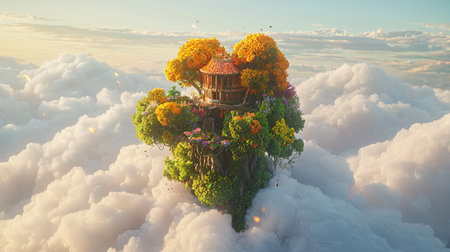 A fantasy-inspired treehouse in the clouds, surrounded by vibrant flora, with copy space.の素材
