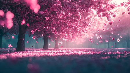 A fantasy-inspired cherry blossom park with magical glowing petals in the air, with copy space.の素材