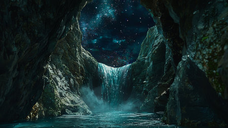 A magical dreamland where a waterfall flows into the stars, blending sky and water, with copy space.の素材