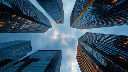 A futuristic metropolis where suspended skyscrapers rotate slowly in midair, with copy space.の素材