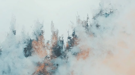 A mesmerizing aerial view of a cyberpunk-inspired city with floating high-tech buildings, with copy space.の素材