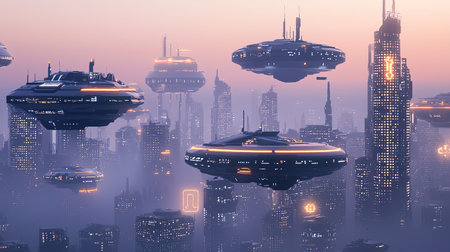 A futuristic city at twilight, where hovering buildings are illuminated by neon and holograms, with copy space.の素材
