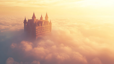 A grand medieval castle floating peacefully above the clouds, bathed in warm golden light, with copy space.の素材