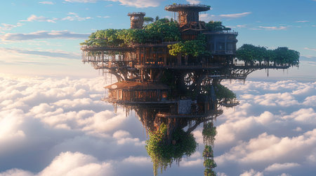 A fantasy-inspired treehouse in the clouds, surrounded by vibrant flora, with copy space.の素材