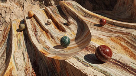 A magic hill where marbles move upward instead of down, an optical illusion with space for text.の素材