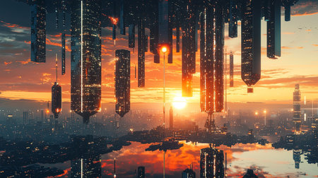 A majestic floating city with futuristic skyscrapers hanging in the sky, reflecting the sunset, with copy space.の素材