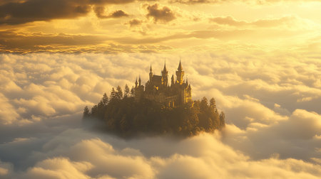 A grand medieval castle floating peacefully above the clouds, bathed in warm golden light, with copy space.の素材