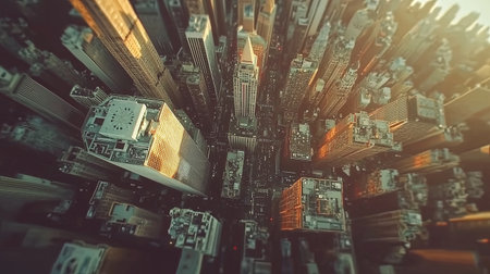 A mesmerizing aerial view of a cyberpunk-inspired city with floating high-tech buildings, with copy space.の素材