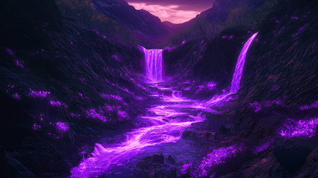 A glowing fantasy river flowing through a valley of luminescent flowers, leading to a mystical waterfall, with copy space.の素材