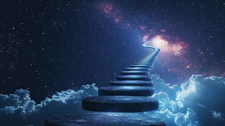A magical pathway in the sky made of glowing stepping stones, leading into infinity, with space for text.の素材