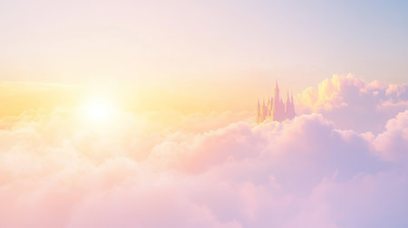 A majestic floating castle in the sky, surrounded by soft glowing clouds and golden sunlight, with copy space.の素材