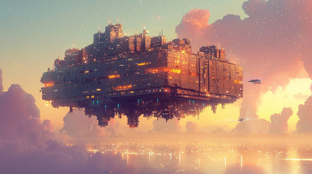 A high-tech floating city where enormous buildings levitate over an ocean of light, with copy space.の素材