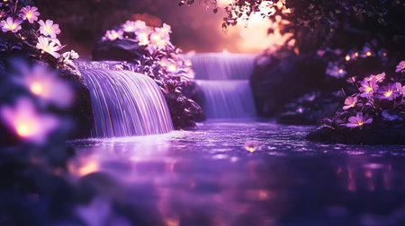 A glowing fantasy river flowing through a valley of luminescent flowers, leading to a mystical waterfall, with copy space.の素材