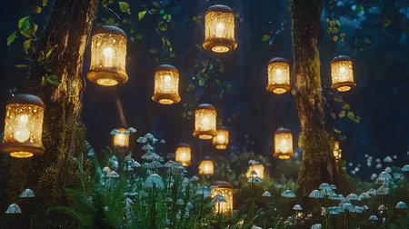 A magical dreamland filled with glowing mushrooms and floating lanterns, with copy space.の素材
