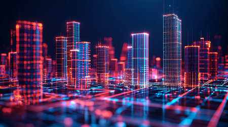 A high-tech metropolis with hovering buildings interconnected by glowing bridges, with copy space.の素材