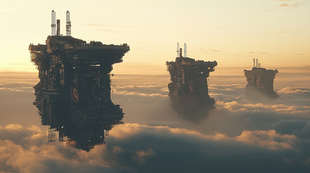 A majestic view of a floating city in the clouds, where futuristic towers rise above the mist, with copy space.の素材