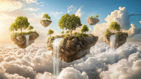 A mystical garden hidden in the clouds, with waterfalls flowing from floating rocks, with copy space.の素材