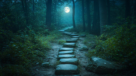 A mystical road under the moonlight where stones roll uphill, as if enchanted, with space for text.の素材