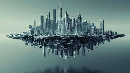 A neon-colored futuristic city where buildings hover like islands in the sky, with copy space.の素材