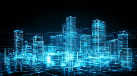 A neon-filled futuristic skyline where hovering buildings form a technological wonderland, with copy space.の素材