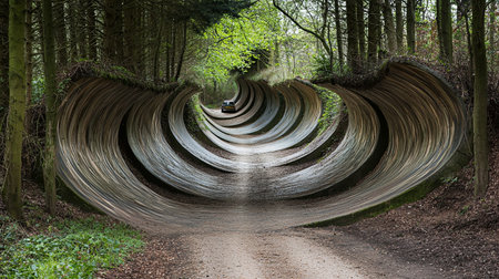 A road in a forest where cars appear to drift uphill, a natural optical illusion, with copy space.の素材