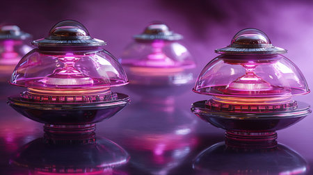 A neon-lit futuristic city with levitating structures reflecting in a glass-like surface, with copy space.の素材