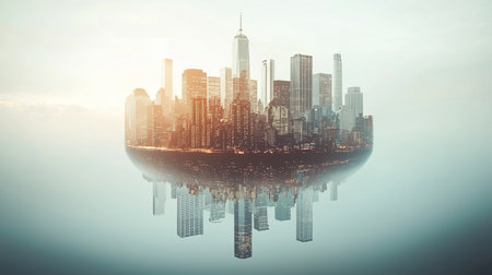 A sci-fi-inspired city where entire districts float in the air above a glowing metropolis, with copy space.の素材