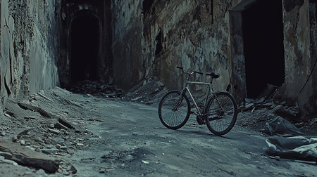 A strange slope where a bicycle is left still, but it appears to be rolling up, copy space included. --chaos 20の素材