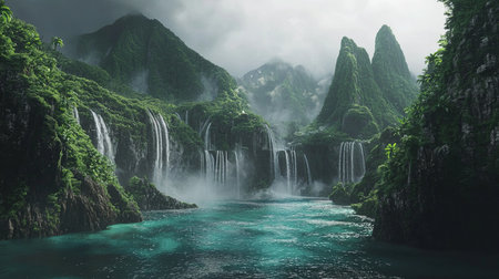 A stunning fantasy valley where waterfalls descend from sky-high cliffs into a dreamy turquoise lake, with copy space.の素材