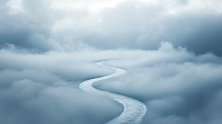 A surreal floating river winding through the clouds in a dreamlike sky, with copy space.の素材