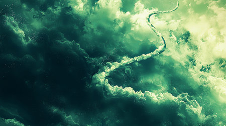 A surreal floating river winding through the clouds in a dreamlike sky, with copy space.の素材