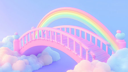 A soft pastel dreamland with a rainbow-colored bridge stretching into the clouds, with space for branding.の素材