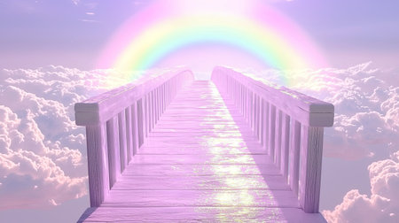 A soft pastel dreamland with a rainbow-colored bridge stretching into the clouds, with space for branding.の素材