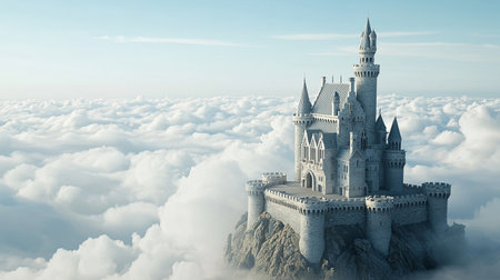 A serene fantasy setting where a castle hovers above an endless horizon of soft, dreamy clouds, with copy space.の素材