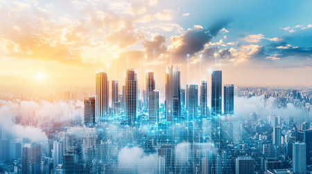 A sci-fi metropolis with hovering buildings above a glowing blue city grid, with copy space.の素材