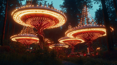 A utopian city of the future where gravity-defying structures illuminate the night sky, with copy space.の素材