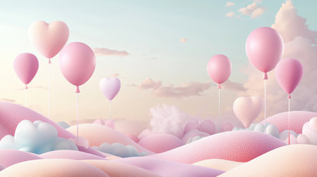 A whimsical 2D dreamland with candy-colored hills and floating balloons, with copy space.の素材