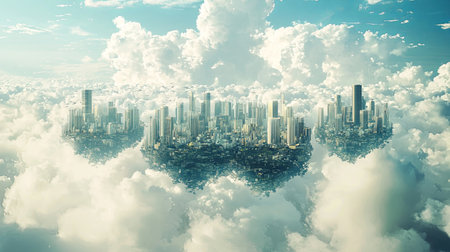 A surreal futuristic skyline where floating megastructures hover over a vibrant urban landscape, with copy space.の素材