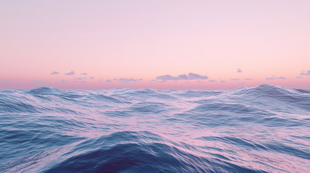 A tranquil ocean shore with glowing waves under a soft purple sunset, with copy space.の素材